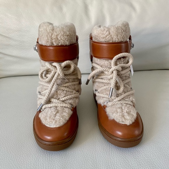 Coach Monroe Shearling Lace Up Wedge Booties, Saddle/Natural - Picture 3 of 10